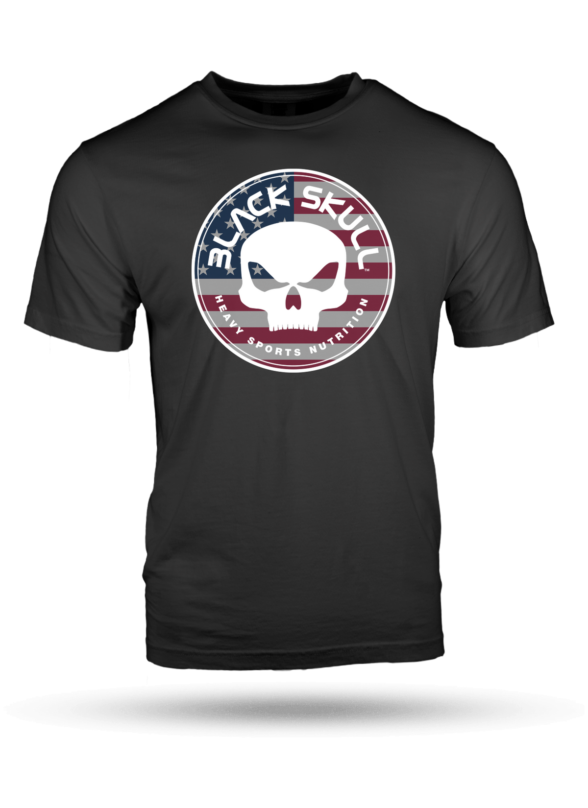 Skull Patriot black tee with American flag skull crest, front