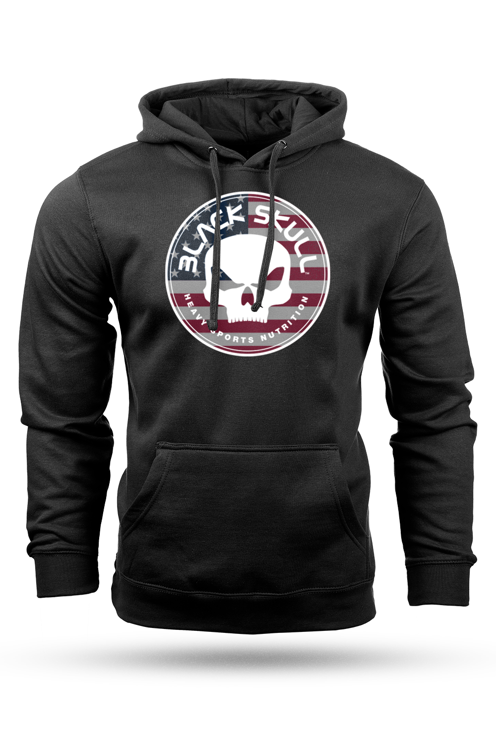 Skull Patriot Hoodie in black with American flag skull crest, front